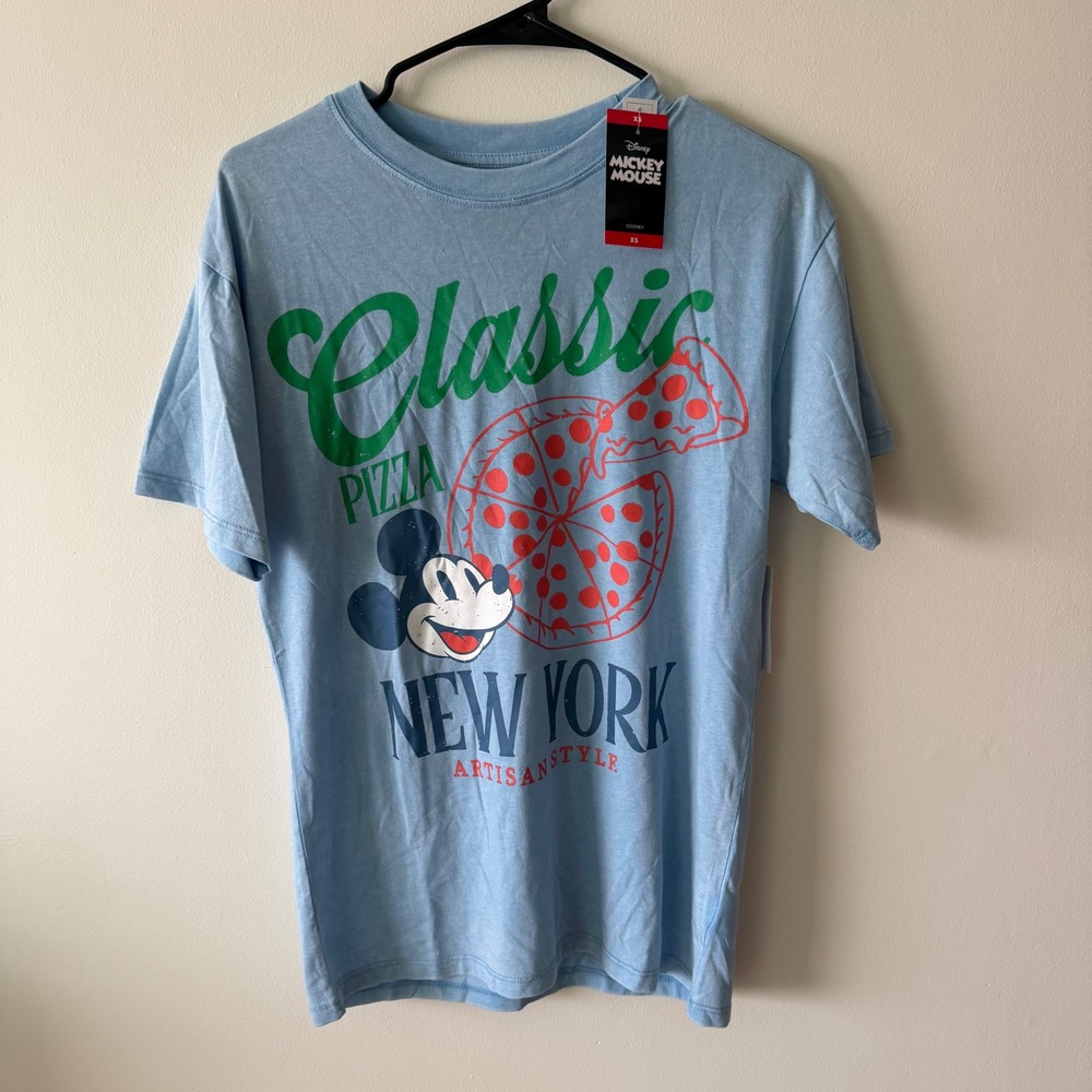 Disney Mickey Mouse New York Pizza Graphic Tee Light Blue XS NWT